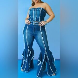 American Bazi frayed bell bottom jeans & matching tube top. NWT